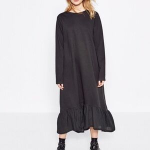 Zara Gray Midi Ling Sleeve Dress with Ruffle Bottom